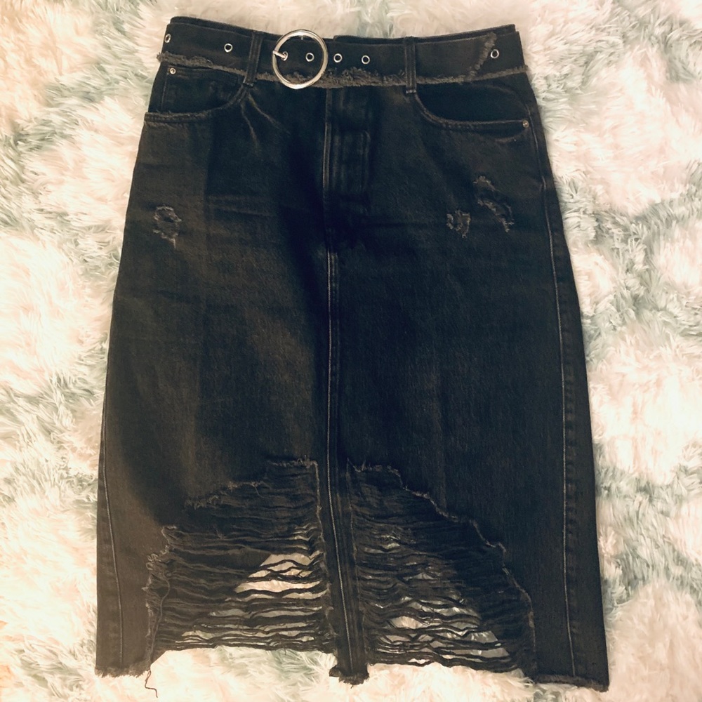 ZARA DISTRESSED DENIM MIDI SKIRT with BELT